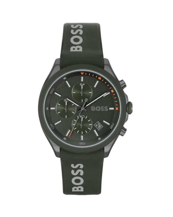 Montre homme Hugo Boss Velocity 44 mm réf. 1514060, bracelet silicone, mouvement quartz chronographe – vue de face | Horlova Maroc