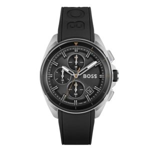 Montre homme Hugo Boss Volane 44 mm réf. 1513953, cadran noir, bracelet silicone, mouvement quartz – vue de face | Horlova Maroc