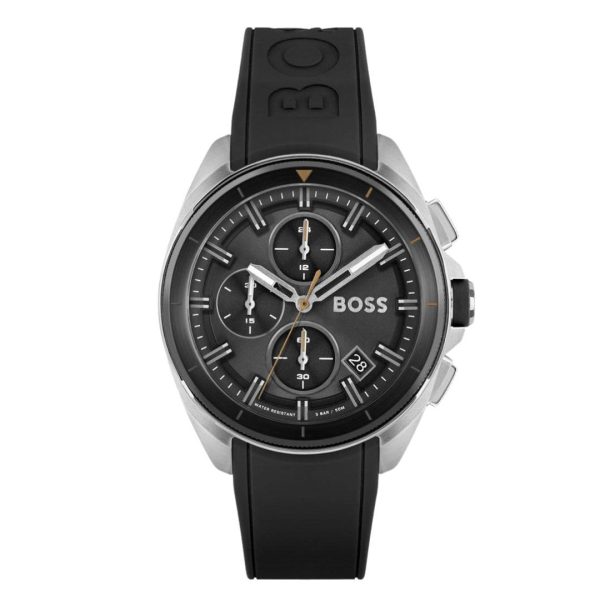 Montre homme Hugo Boss Volane 44 mm réf. 1513953, cadran noir, bracelet silicone, mouvement quartz – vue de face | Horlova Maroc