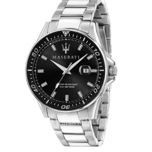 Montre homme Maserati Sfida 44 mm réf. R8853140002, cadran noir, bracelet acier, mouvement quartz – vue de face | Horlova Maroc