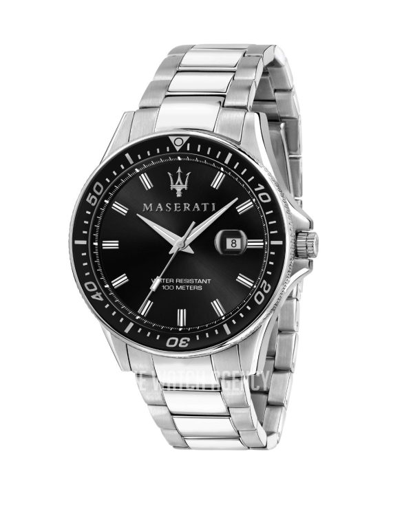 Montre homme Maserati Sfida 44 mm réf. R8853140002, cadran noir, bracelet acier, mouvement quartz – vue de face | Horlova Maroc