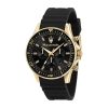 Montre homme Maserati Sfida Chronograph 44 mm réf. R8871640001, cadran noir, bracelet silicone – vue de face | Horlova Maroc