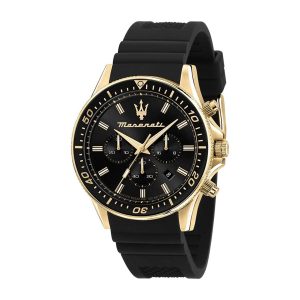 Montre homme Maserati Sfida Chronograph 44 mm réf. R8871640001, cadran noir, bracelet silicone – vue de face | Horlova Maroc