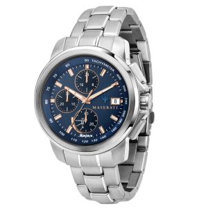 Montre homme Maserati Successo 45 mm réf. R8873645004, cadran bleu, bracelet acier – vue de face | Horlova Maroc