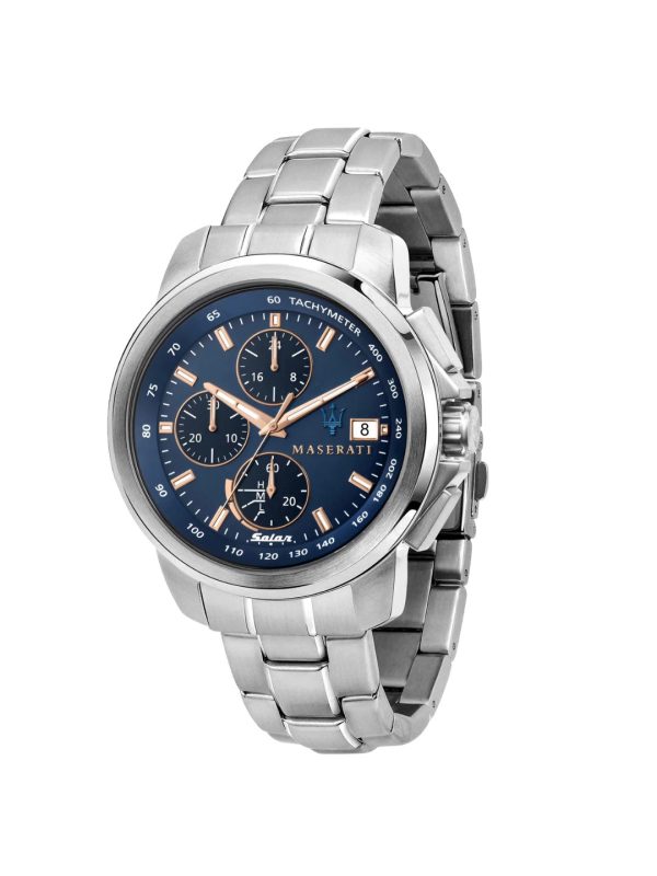 Montre homme Maserati Successo 45 mm réf. R8873645004, cadran bleu, bracelet acier – vue de face | Horlova Maroc