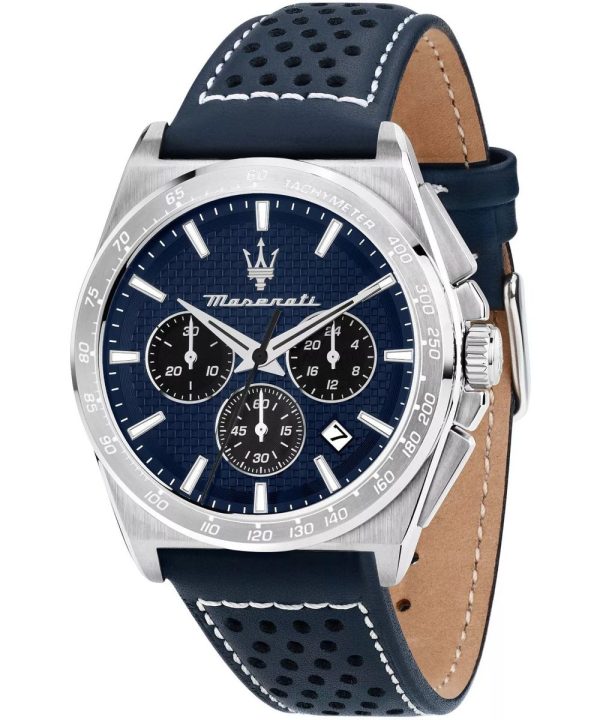 Montre homme Maserati Velocitá réf. R8871652001, chronographe quartz, boîtier 43 mm, acier inoxydable, cuir – vue principale, Horlova Maroc