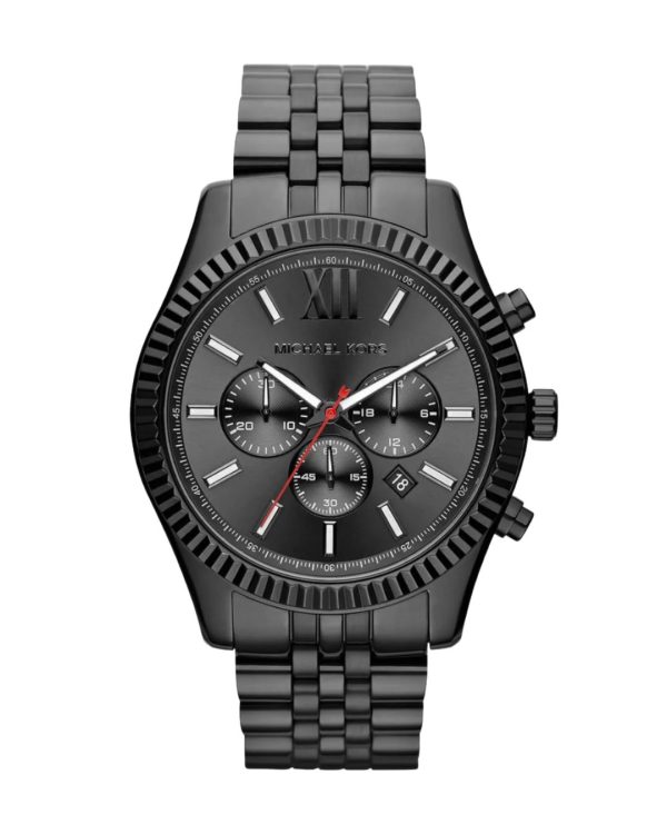 Montre homme Michael Kors 45 mm réf. MK8320, cadran anthracite, bracelet acier, mouvement quartz chronographe – vue de face | Horlova Maroc