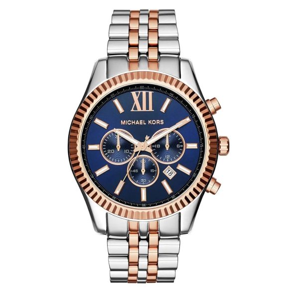 Montre homme Michael Kors Lexington 45 mm réf. MK8412, cadran bleu, bracelet acier – vue de trois-quarts