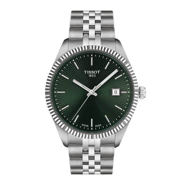 Montre homme Tissot Ballade 40 mm réf. T156.410.11.091.00, cadran vert, bracelet acier, mouvement quartz – vue de face | Horlova Maroc