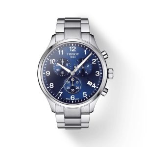 Montre homme Tissot Chrono XL Classic 45 mm réf. T116.617.11.047.01, cadran bleu, bracelet acier – vue de face | Horlova Maroc