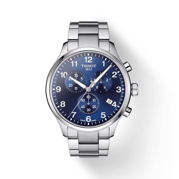 Montre homme Tissot Chrono XL Classic 45 mm réf. T116.617.11.047.01, cadran bleu, bracelet acier – vue de face | Horlova Maroc