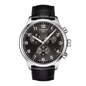 Montre homme Tissot Chrono XL Classic 45 mm réf. T116.617.16.057.00, cadran noir, bracelet cuir – vue de face | Horlova Maroc