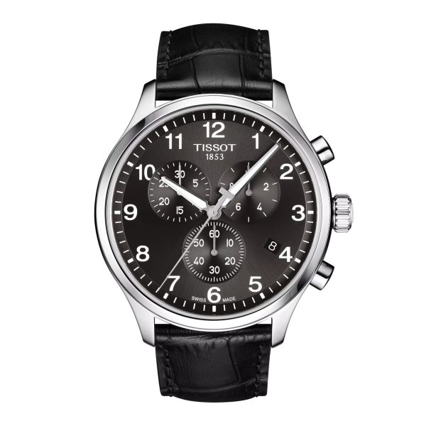 Montre homme Tissot Chrono XL Classic 45 mm réf. T116.617.16.057.00, cadran noir, bracelet cuir – vue de face | Horlova Maroc
