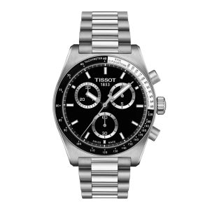 Montre homme Tissot Chronograph 40 mm réf. T1494171105100, cadran noir, bracelet acier, mouvement quartz – vue de face | Horlova Maroc