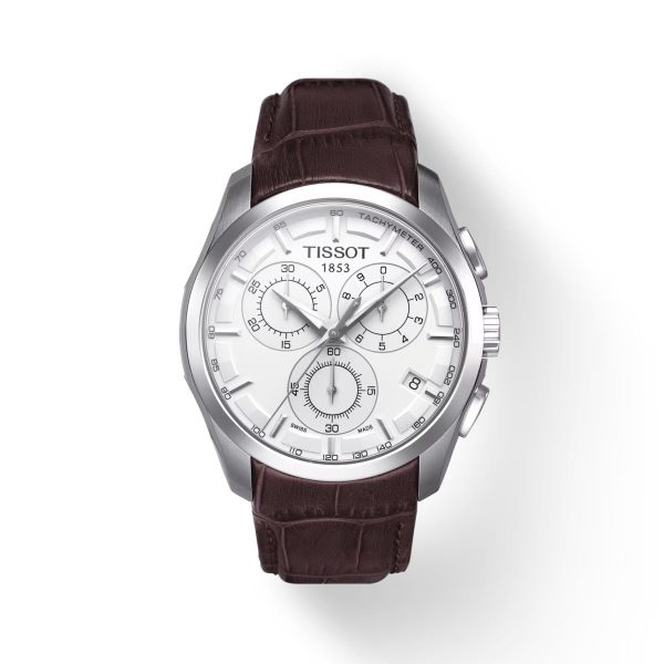 Montre homme Tissot Couturier 41 mm réf. T035.617.16.031.00, cadran argenté, bracelet cuir – vue de face | Horlova Maroc