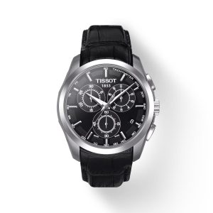 Montre homme Tissot Couturier 41 mm réf. T035.617.16.051.00, cadran noir, bracelet cuir – vue de face | Horlova Maroc