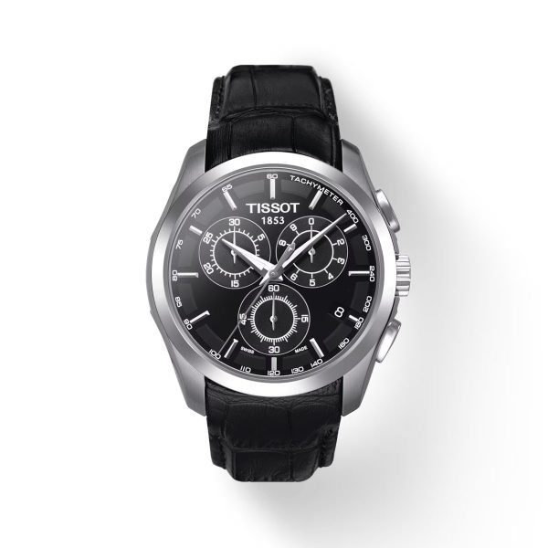 Montre homme Tissot Couturier 41 mm réf. T035.617.16.051.00, cadran noir, bracelet cuir – vue de face | Horlova Maroc