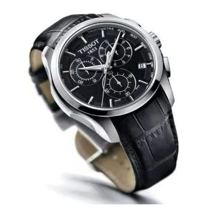 Montre homme Tissot Couturier 41 mm réf. T035.617.16.051.00, cadran noir, bracelet cuir – vue de trois-quarts