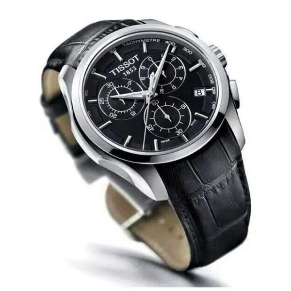 Montre homme Tissot Couturier 41 mm réf. T035.617.16.051.00, cadran noir, bracelet cuir – vue de trois-quarts