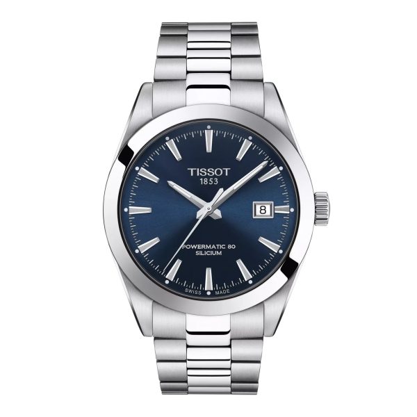 Montre homme Tissot Gentleman 40 mm réf. T127.407.11.041.00, cadran bleu, bracelet acier – vue de face | Horlova Maroc