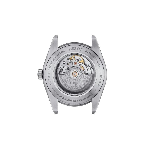 Montre homme Tissot Gentleman 40 mm réf. T127.407.11.041.00, cadran bleu, bracelet acier – vue du fond de boîte