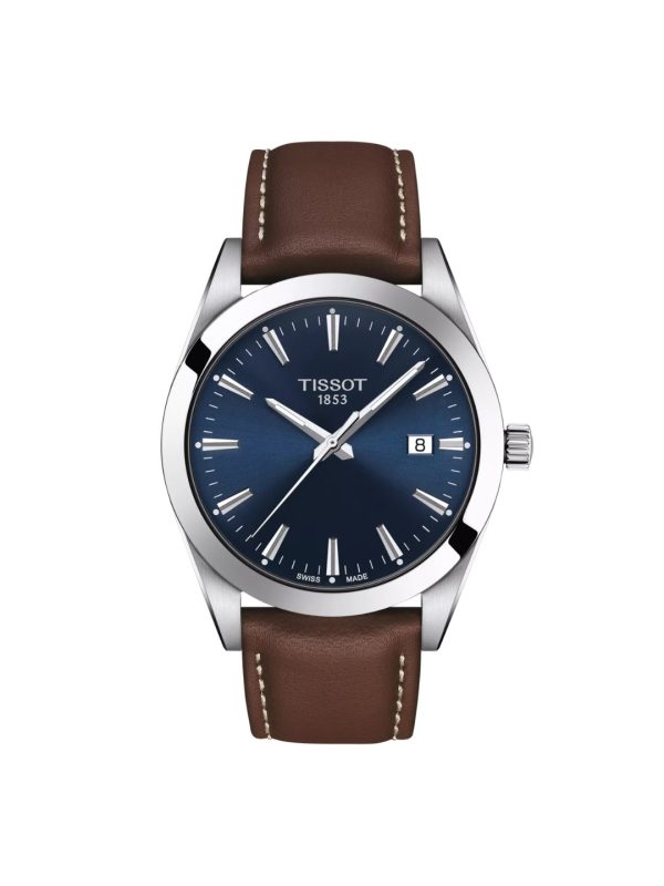 Montre homme Tissot Gentleman 40 mm réf. T127.410.16.041.00, cadran bleu, bracelet cuir, mouvement quartz – vue de face | Horlova Maroc