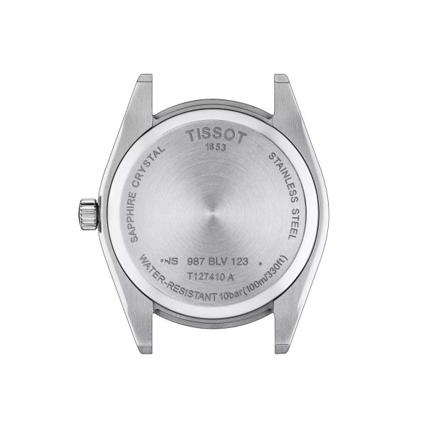 Montre homme Tissot Gentleman 40 mm réf. T127.410.16.041.00, cadran bleu, bracelet cuir – vue du fond de boîte