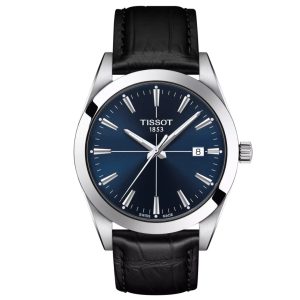 Montre homme Tissot Gentleman 40 mm réf. T127.410.16.041.01, cadran bleu, bracelet cuir, mouvement quartz – vue de face | Horlova Maroc