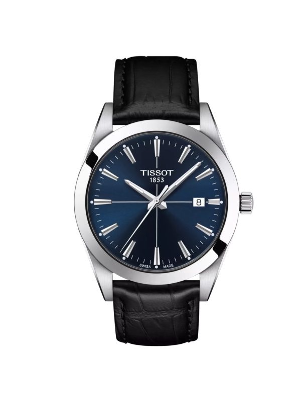 Montre homme Tissot Gentleman 40 mm réf. T127.410.16.041.01, cadran bleu, bracelet cuir, mouvement quartz – vue de face | Horlova Maroc
