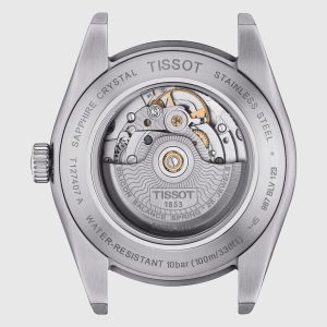 Montre homme Tissot Gentleman Automatique Vert 40 mm réf. T127.407.11.091.01, cadran vert, bracelet acier – vue du fond de boîte