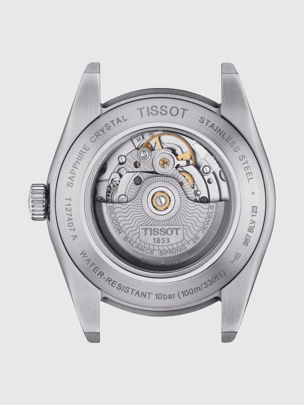 Montre homme Tissot Gentleman Automatique Vert 40 mm réf. T127.407.11.091.01, cadran vert, bracelet acier – vue du fond de boîte