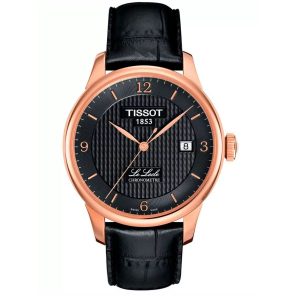 Montre homme Tissot Locle 39.3 mm réf. T006.408.36.057.00, cadran noir, bracelet cuir, mouvement automatique – vue de face | Horlova Maroc