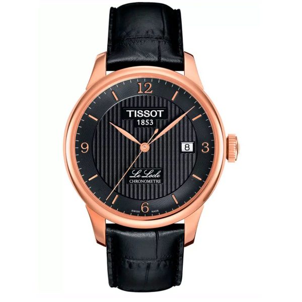 Montre homme Tissot Locle 39.3 mm réf. T006.408.36.057.00, cadran noir, bracelet cuir, mouvement automatique – vue de face | Horlova Maroc