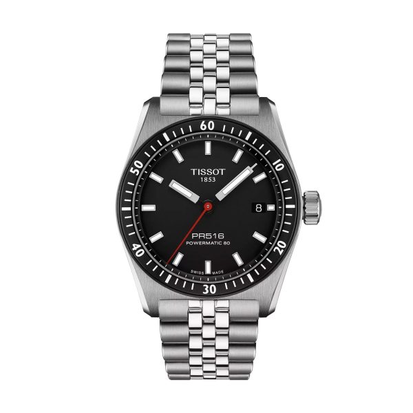 Montre homme Tissot Powermatic 38 mm réf. T1494071105100, cadran noir, bracelet acier, mouvement automatique – vue de face | Horlova Maroc