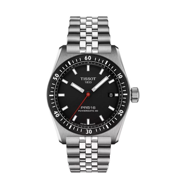 Montre homme Tissot Powermatic 38 mm réf. T1494071105100, cadran noir, bracelet acier – vue rapprochée