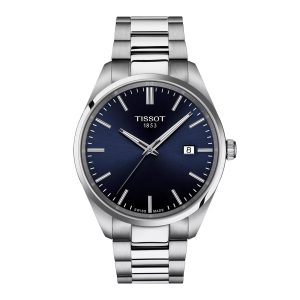 Montre homme Tissot PR 100 40 mm réf. T150.410.11.041.00, cadran bleu, bracelet acier, mouvement quartz – vue de face | Horlova Maroc