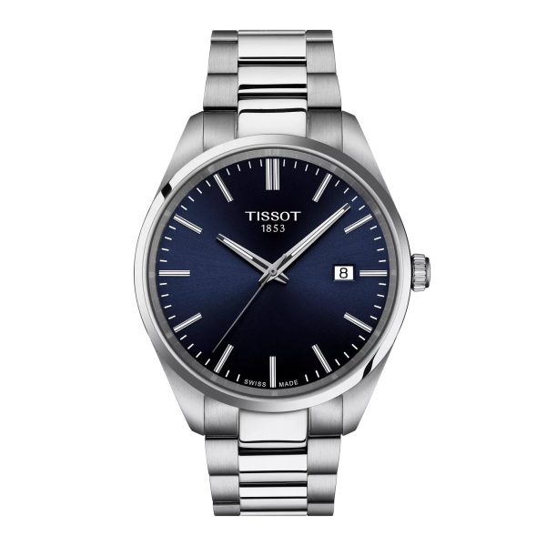 Montre homme Tissot PR 100 40 mm réf. T150.410.11.041.00, cadran bleu, bracelet acier, mouvement quartz – vue de face | Horlova Maroc