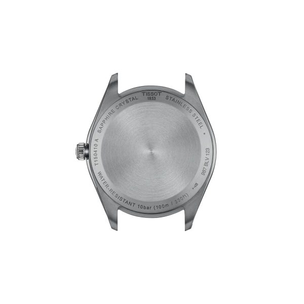 Montre homme Tissot PR 100 40 mm réf. T150.410.11.041.00, cadran bleu, bracelet acier – vue du fond de boîte