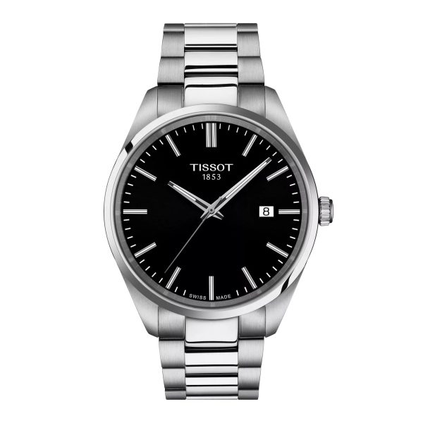 Montre homme Tissot PR 100 40 mm réf. T150.410.11.051.00, cadran noir, bracelet acier, mouvement quartz – vue de face | Horlova Maroc
