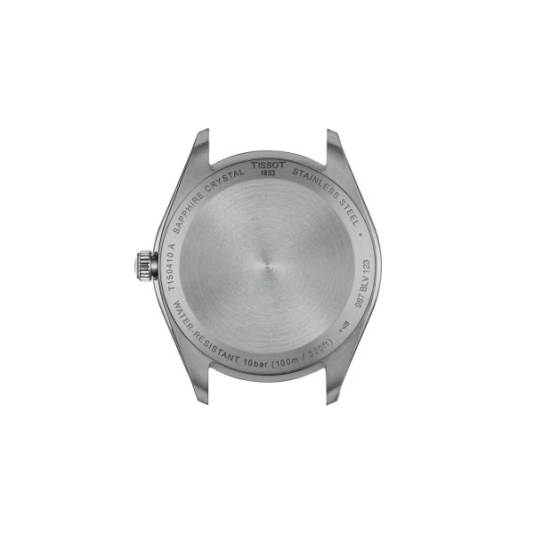 Montre homme Tissot PR 100 40 mm réf. T150.410.11.051.00, cadran noir, bracelet acier – vue du fond de boîte