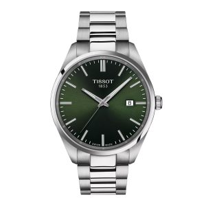 Montre homme Tissot PR 100 40 mm réf. T150.410.11.091.00, cadran vert, bracelet acier, mouvement quartz – vue de face | Horlova Maroc