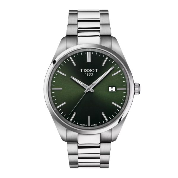 Montre homme Tissot PR 100 40 mm réf. T150.410.11.091.00, cadran vert, bracelet acier, mouvement quartz – vue de face | Horlova Maroc