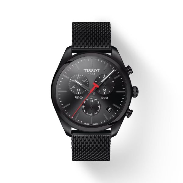 Montre homme Tissot PR 100 41 mm réf. T101.417.33.051.00, cadran noir, bracelet acier – vue de face | Horlova Maroc