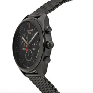 Montre homme Tissot PR 100 41 mm réf. T101.417.33.051.00, cadran noir, bracelet acier – vue de trois-quarts