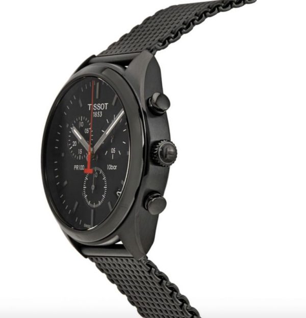 Montre homme Tissot PR 100 41 mm réf. T101.417.33.051.00, cadran noir, bracelet acier – vue de trois-quarts