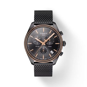 Montre homme Tissot PR 100 Chronograph 41 mm réf. T101.417.23.061.00, cadran anthracite, bracelet acier – vue de face | Horlova Maroc