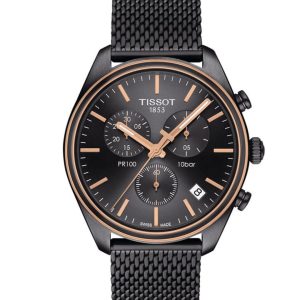 Montre homme Tissot PR 100 Chronograph 41 mm réf. T101.417.23.061.00, cadran anthracite, bracelet acier – vue de trois-quarts