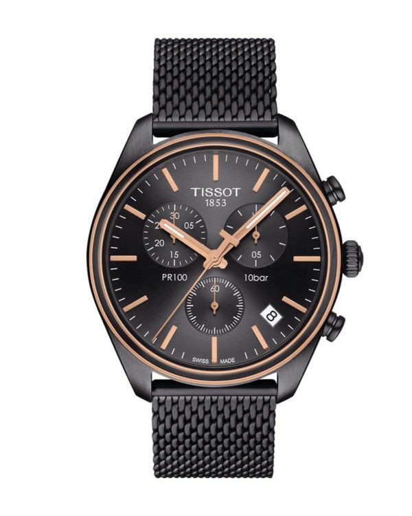 Montre homme Tissot PR 100 Chronograph 41 mm réf. T101.417.23.061.00, cadran anthracite, bracelet acier – vue de trois-quarts