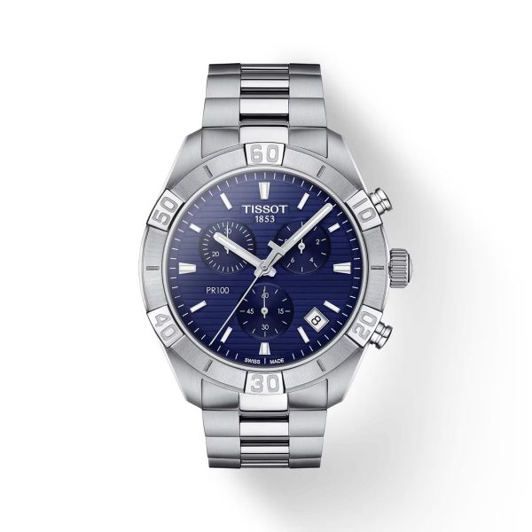 Montre homme Tissot PR 100 Sport réf. T1016171104100, chronographe quartz, boîtier 44 mm, acier inoxydable – vue principale, Horlova Maroc