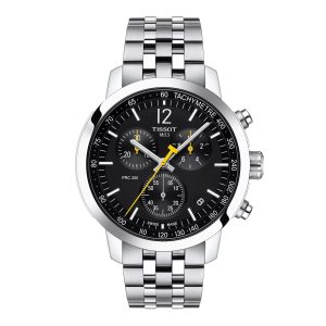 Montre homme Tissot PRC 200 Chronograph 40 mm réf. T114.417.11.057.00, cadran noir, bracelet acier – vue de face | Horlova Maroc